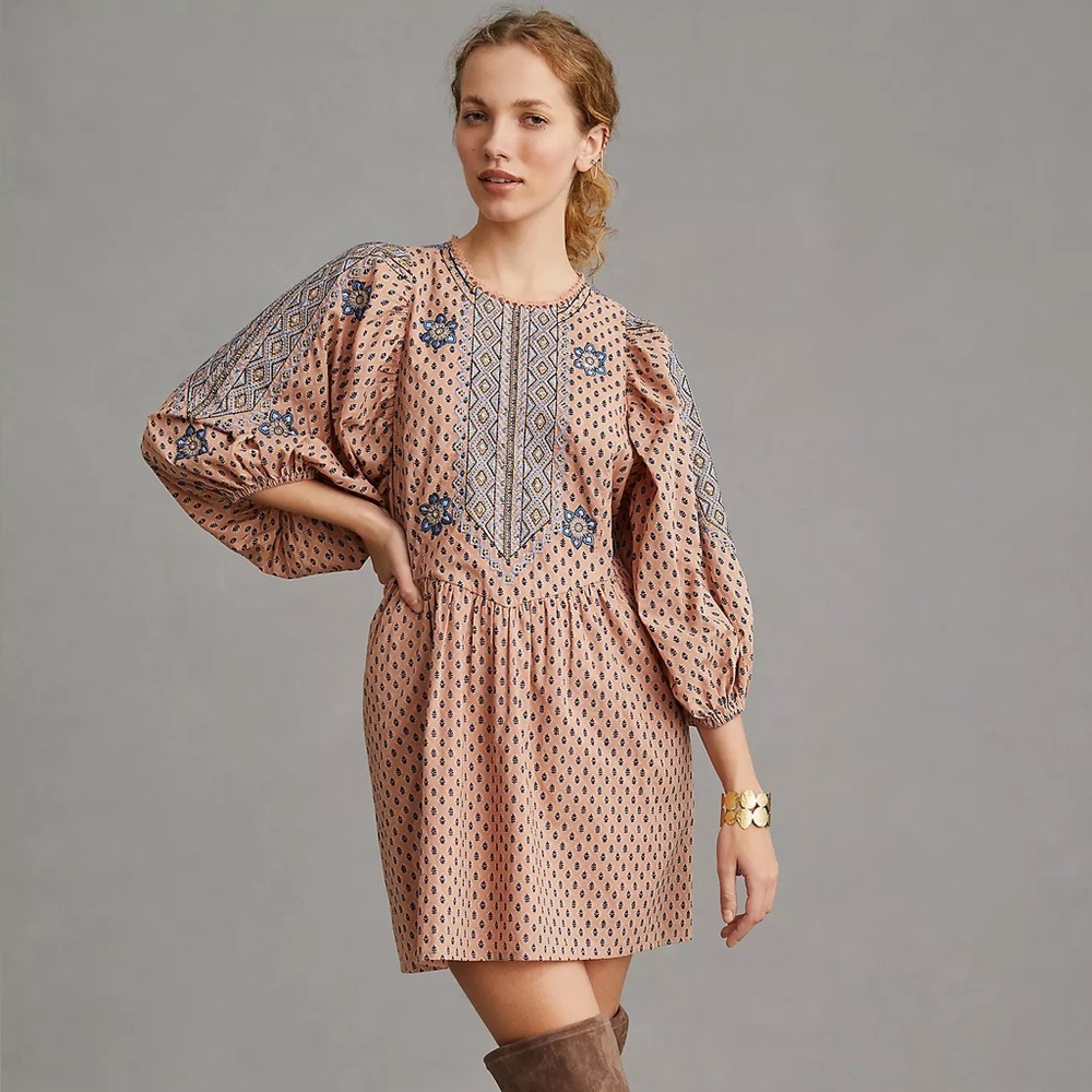 Anthropologie Embroidered Tunic Mini Dress (XXS)
